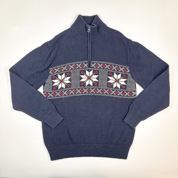 2000's Navy Blue Red White Snowflake Sweater Zipper 100% Cotton Natural Fibers - Picture 7 of 8
